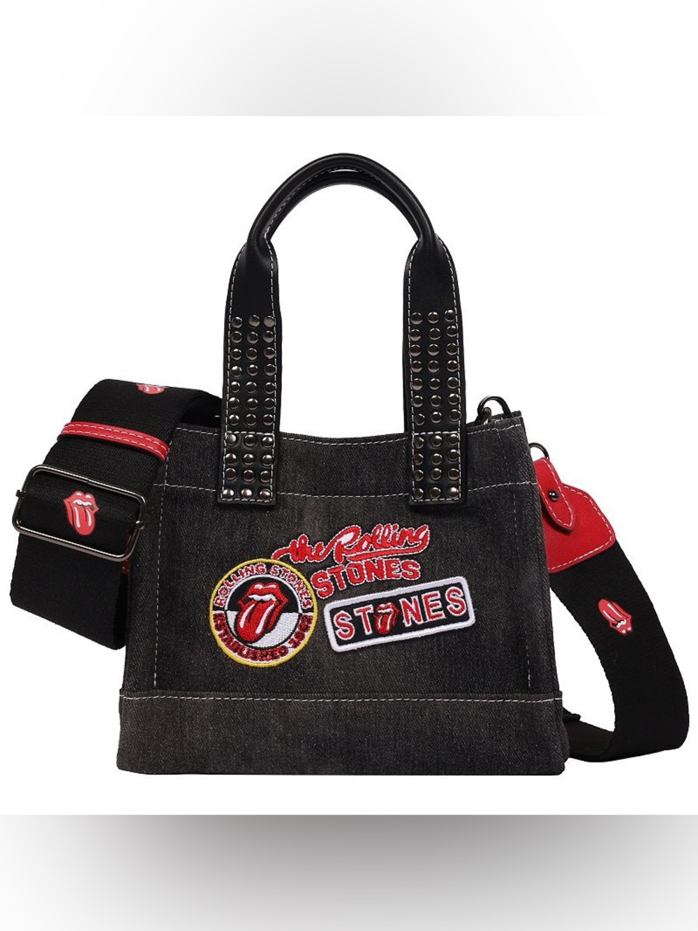 the Rolling Stones Black Denim Patch Mini Tote Bag